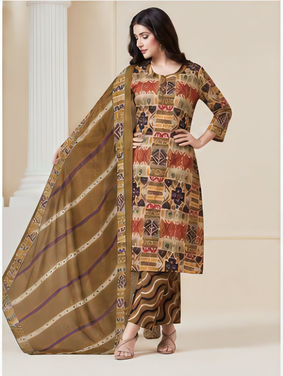 Premium Earthy Geometric 100% Cotton Kurta Set with Dupatta