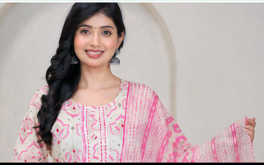 Premium Pastel Pink & Cream 100% Cotton Kurta Set with Dupatta
