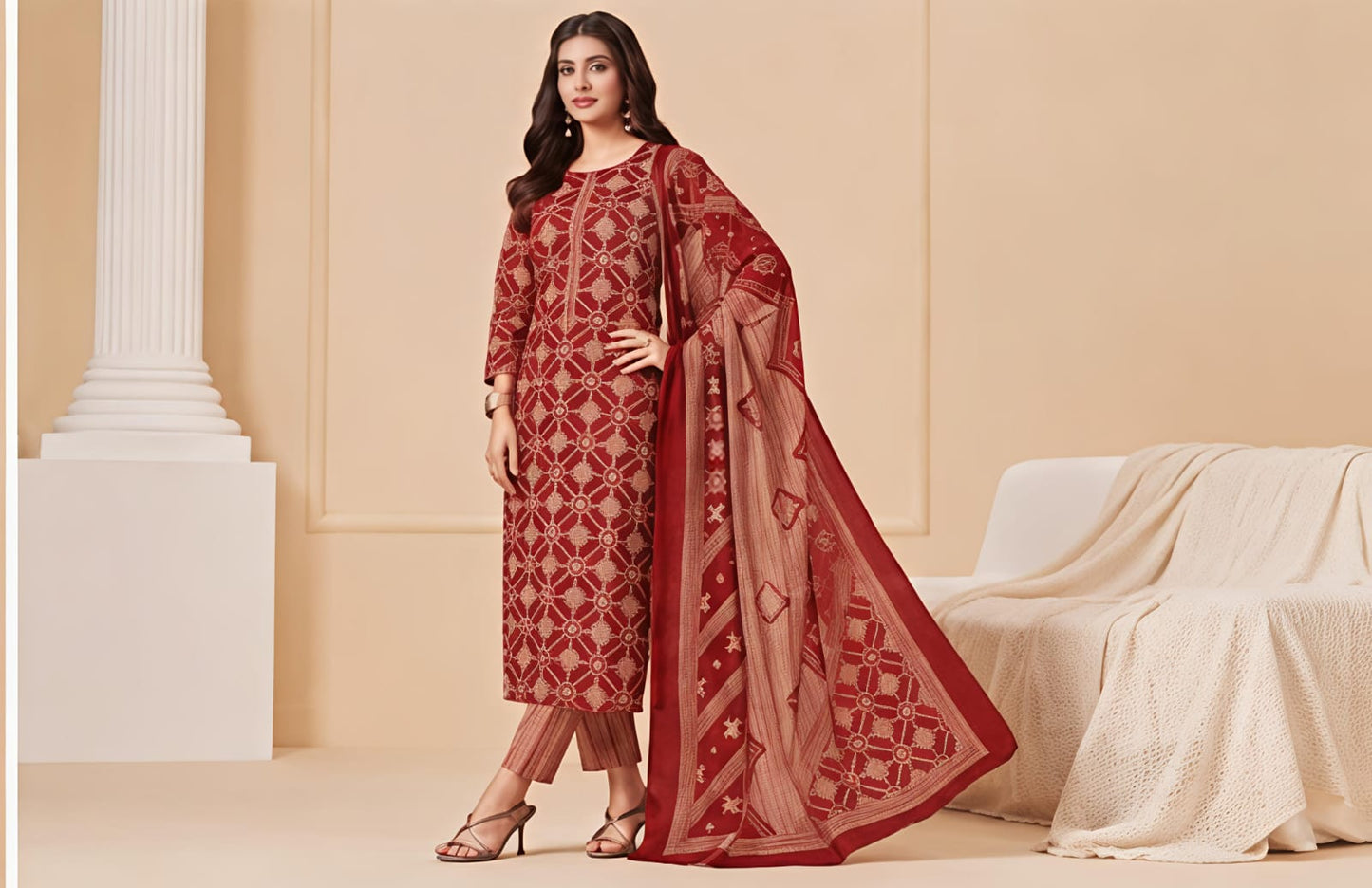 Premium Deep Maroon Geometric 100% Cotton Kurta Set with Dupatta