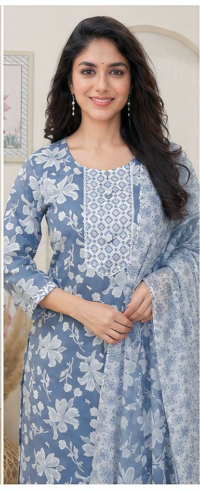 Premium Slate Blue Floral 100% Cotton Kurta Set with Dupatta