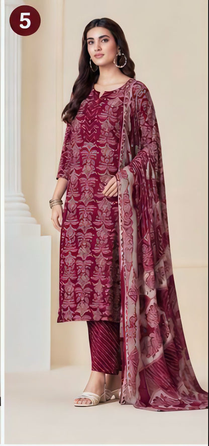 Premium Wine Floral Print 100% Cotton Kurta Set with Dupatta