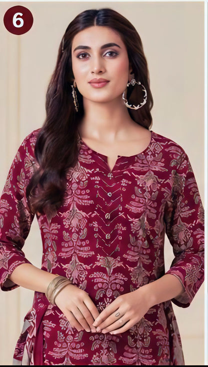 Premium Wine Floral Print 100% Cotton Kurta Set with Dupatta
