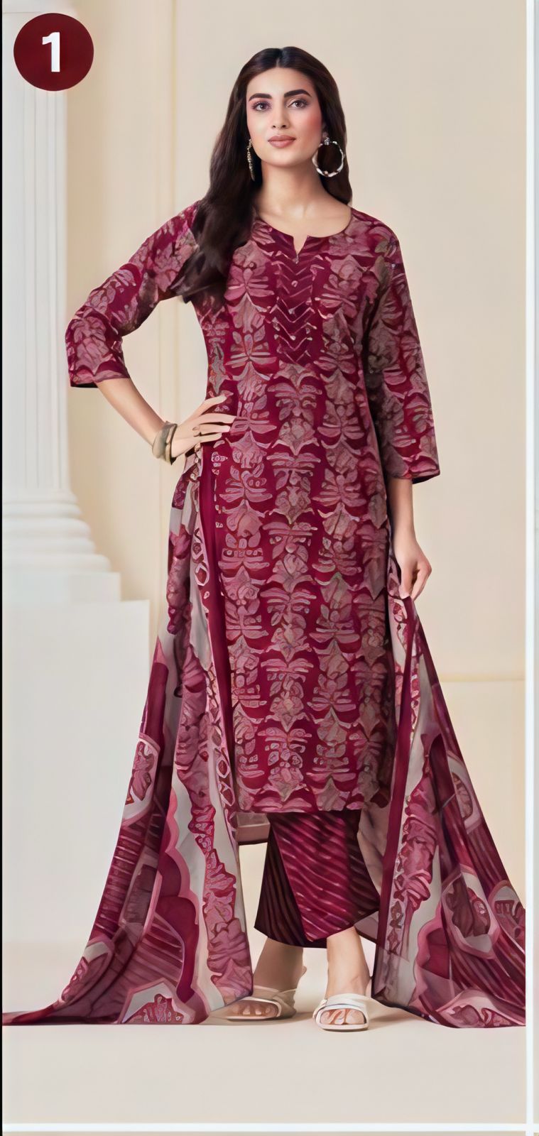 Premium Wine Floral Print 100% Cotton Kurta Set with Dupatta
