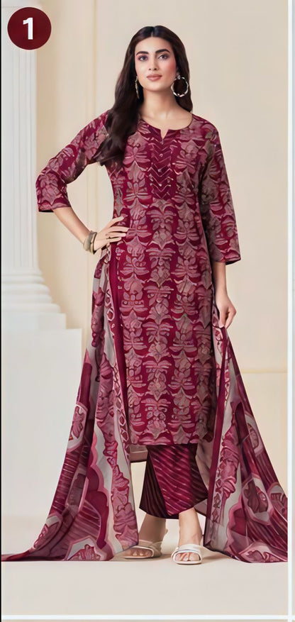 Premium Wine Floral Print 100% Cotton Kurta Set with Dupatta