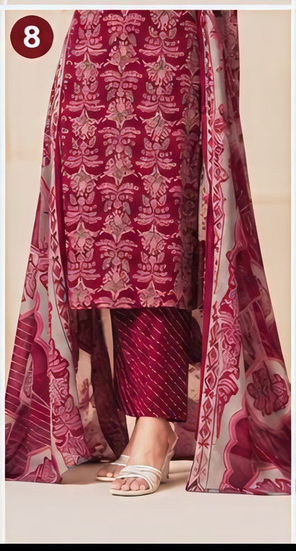 Premium Wine Floral Print 100% Cotton Kurta Set with Dupatta