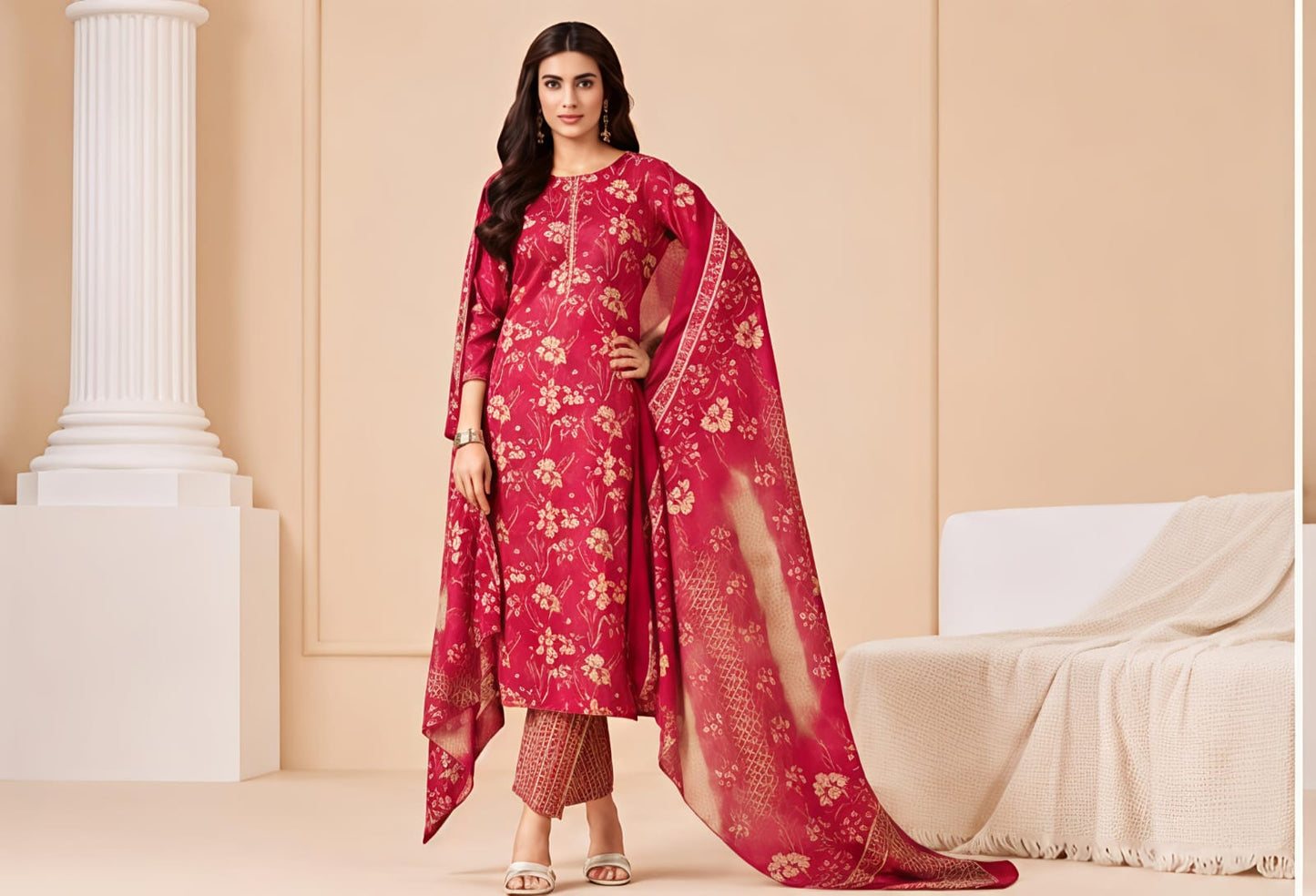 Premium Crimson Red Floral 100% Cotton Kurta Set with Dupatta