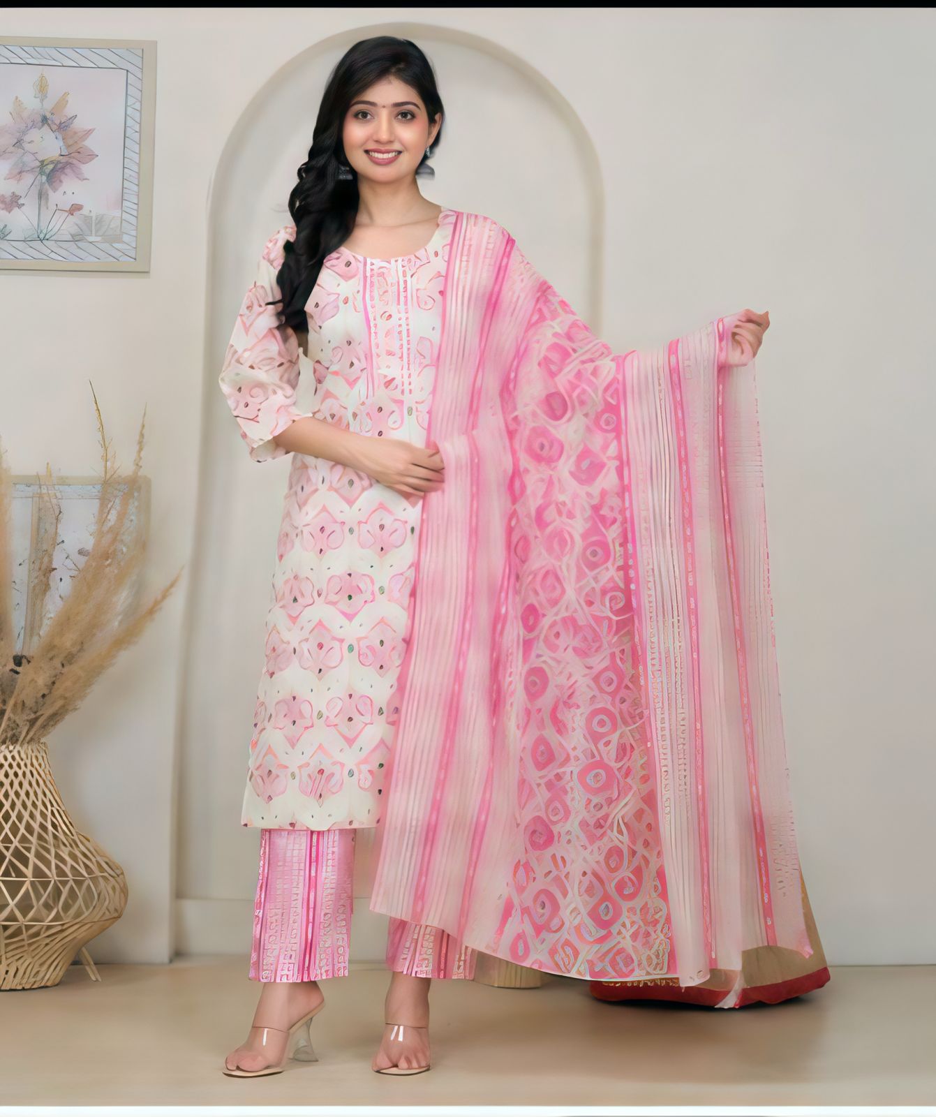 Premium Pastel Pink & Cream 100% Cotton Kurta Set with Dupatta