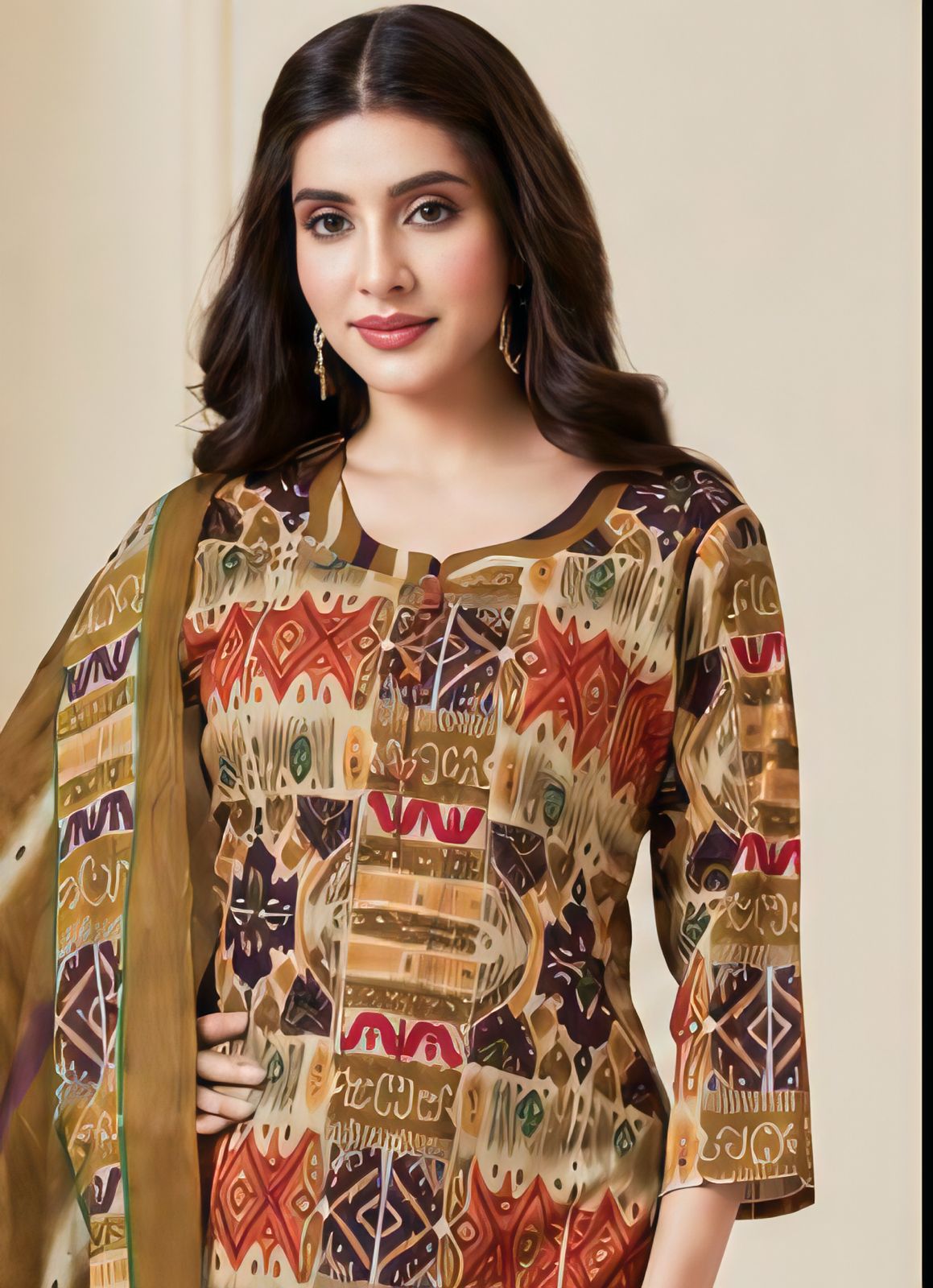 Premium Earthy Geometric 100% Cotton Kurta Set with Dupatta