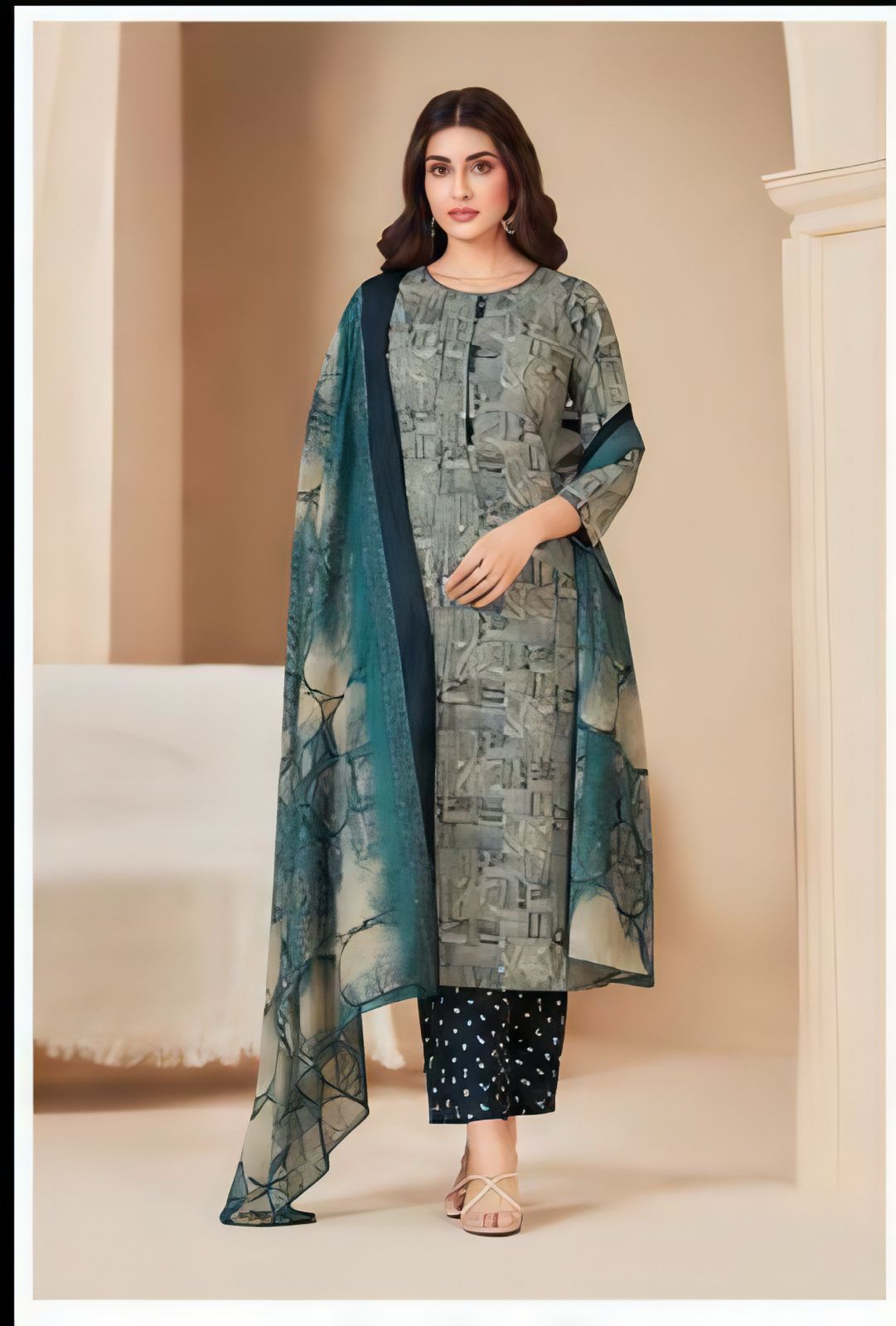 Premium Abstract Grey 100% Cotton Kurta Set with Dupatta