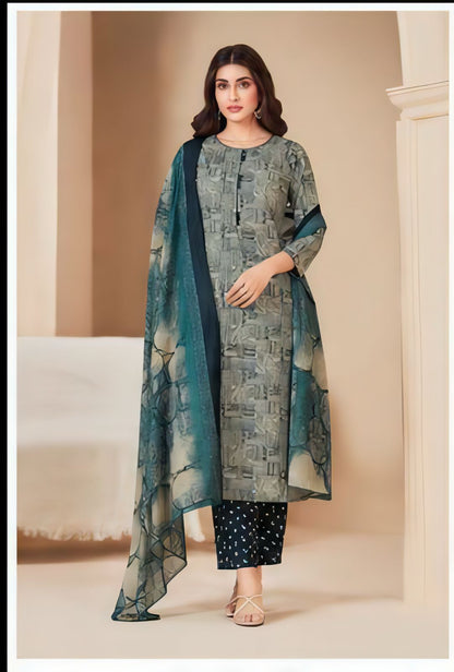 Premium Abstract Grey 100% Cotton Kurta Set with Dupatta