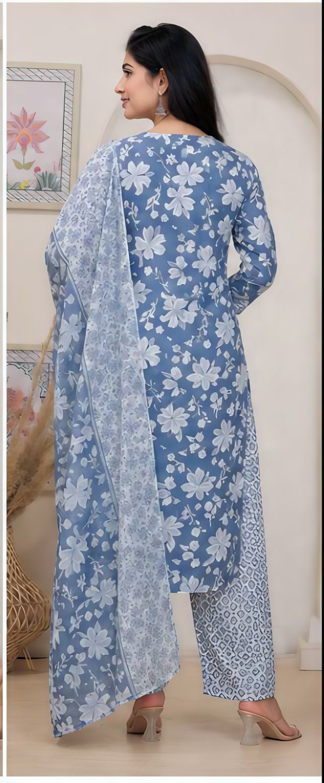 Premium Slate Blue Floral 100% Cotton Kurta Set with Dupatta