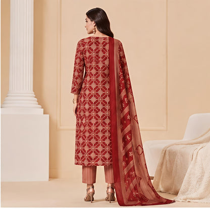 Premium Deep Maroon Geometric 100% Cotton Kurta Set with Dupatta