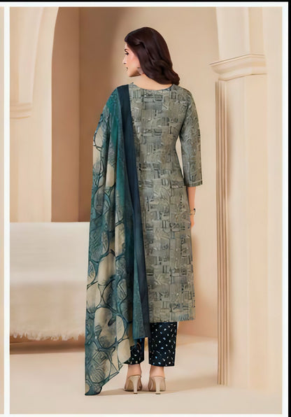 Premium Abstract Grey 100% Cotton Kurta Set with Dupatta
