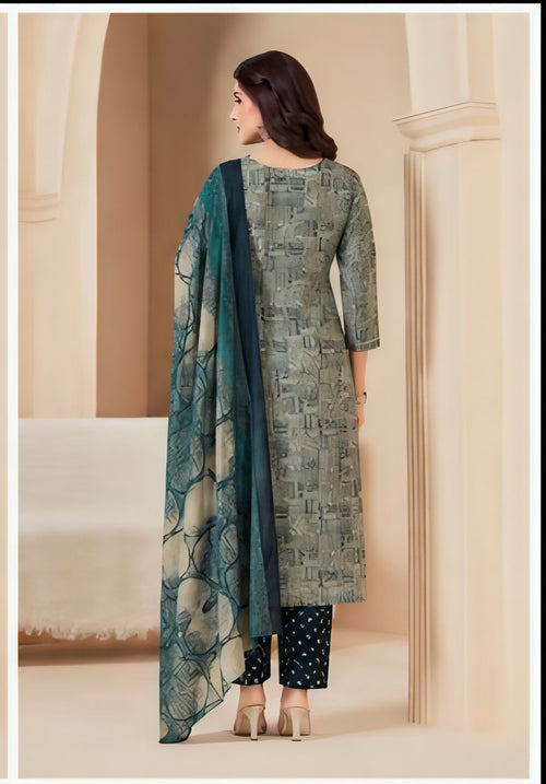 Premium Abstract Grey 100% Cotton Kurta Set with Dupatta