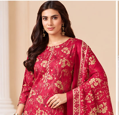 Premium Crimson Red Floral 100% Cotton Kurta Set with Dupatta