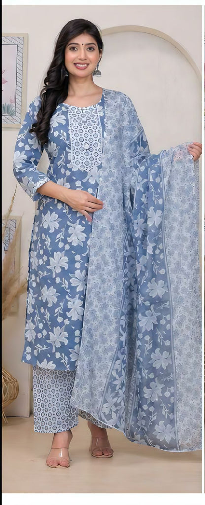 Premium Slate Blue Floral 100% Cotton Kurta Set with Dupatta