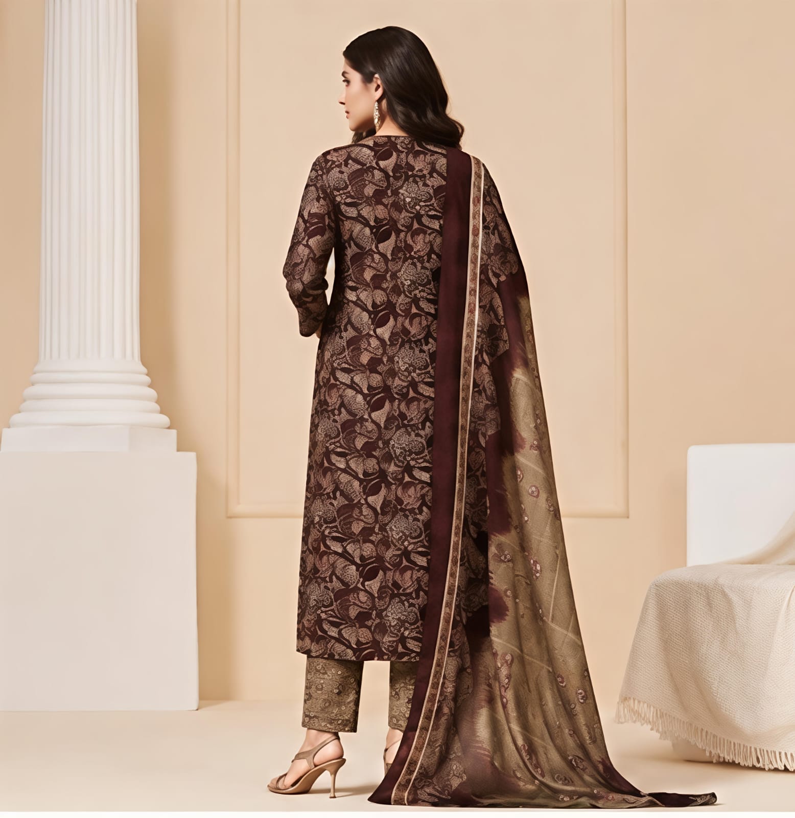Premium Chocolate Brown Botanical 100% Cotton Kurta Set with Dupatta