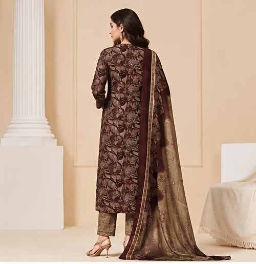 Premium Chocolate Brown Botanical 100% Cotton Kurta Set with Dupatta
