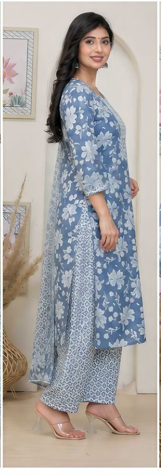 Premium Slate Blue Floral 100% Cotton Kurta Set with Dupatta