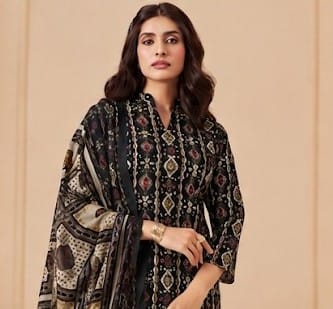 Premium Midnight Geometric 100% Cotton Kurta Set with Dupatta