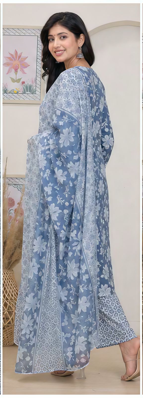 Premium Slate Blue Floral 100% Cotton Kurta Set with Dupatta