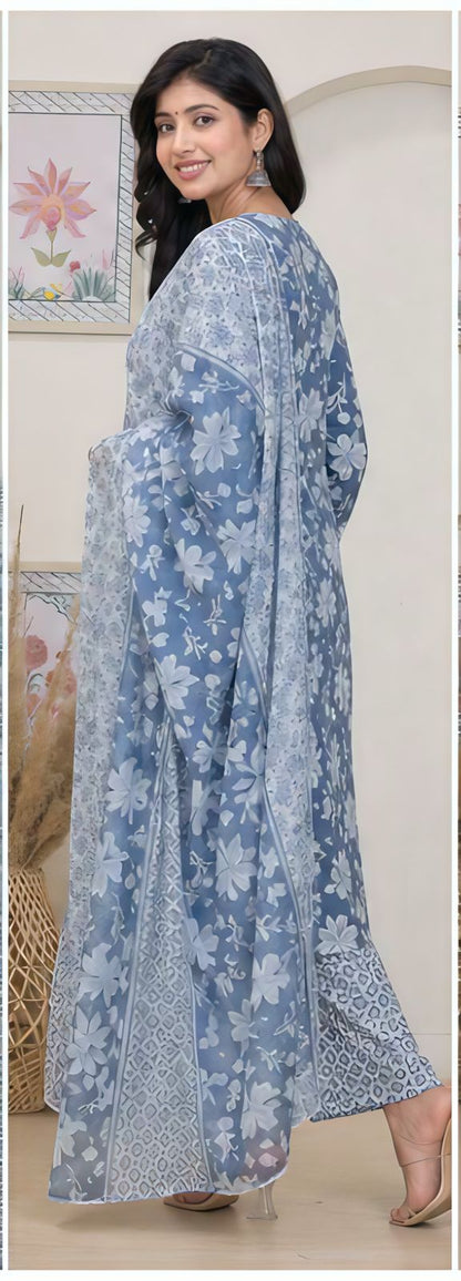 Premium Slate Blue Floral 100% Cotton Kurta Set with Dupatta