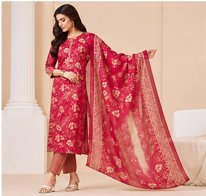 Premium Crimson Red Floral 100% Cotton Kurta Set with Dupatta
