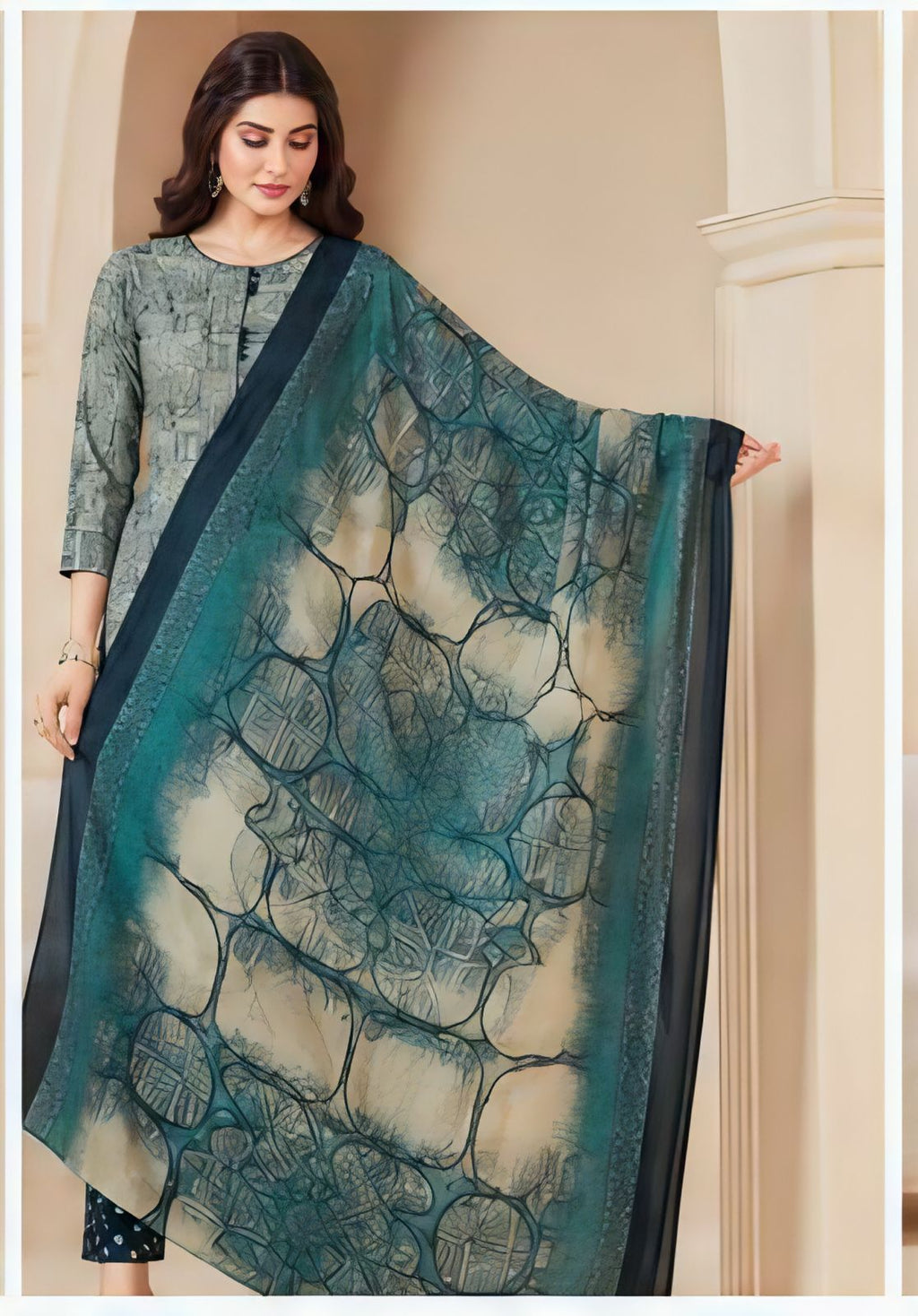 Premium Abstract Grey 100% Cotton Kurta Set with Dupatta