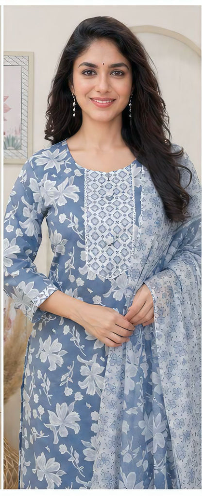 Premium Slate Blue Floral 100% Cotton Kurta Set with Dupatta
